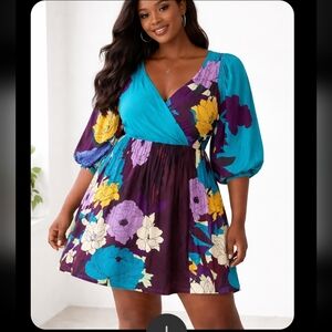 Plenty by Tracy Reese Teal, Plum and Yellow Floral Wrap Mini Dress
